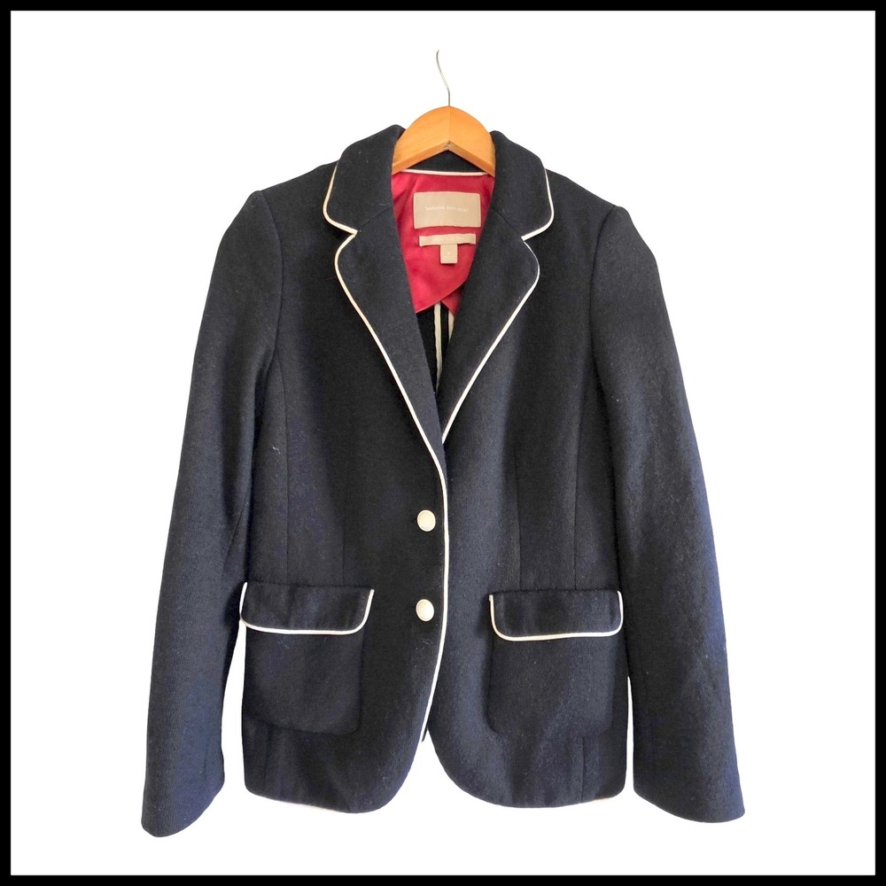 Banana Republic Navy Wool Blend Blazer Jacket Tipped Contrast Piping Size 6